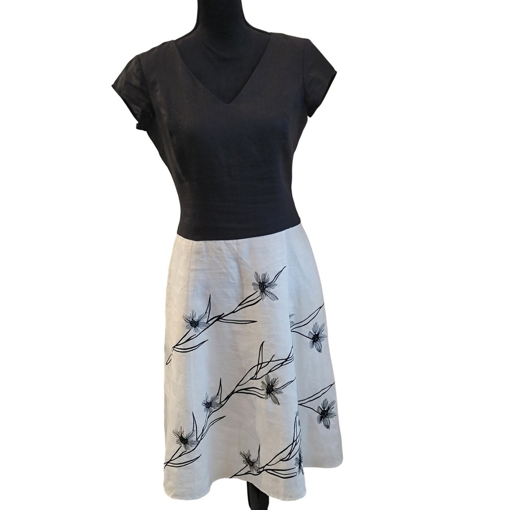 Nikki‎ Valenti Irish Linen Dress Black White Floral Embroidered Midi Size 6